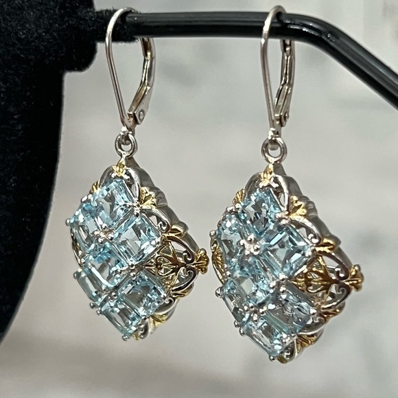Sky Blue Topaz 14K YG Asscher Cut Sterling Silver Lever Back Earrings - Picture 4 of 14